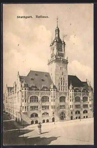 AK Stuttgart, Rathaus mit Strasse, Litfasssäule