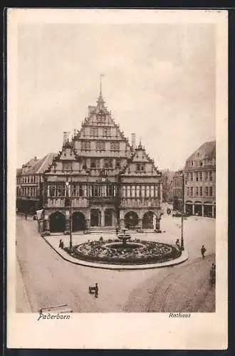 AK Paderborn, Rathaus und Strassenpartie mit Brunnen