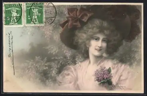 Künstler-AK Wichera: Frau mit Hut und Blumen