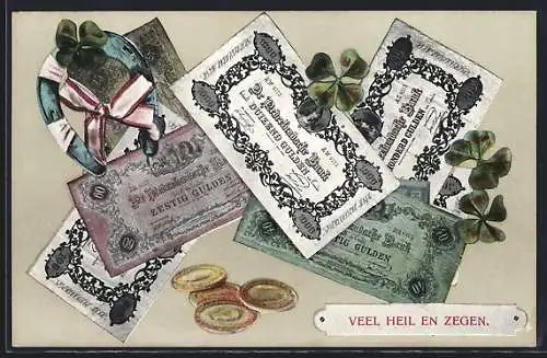 AK Niederländische Banknoten und Münzen, Kleeblatt mit Hufeisen