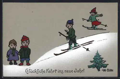 Künstler-AK Carl Diehl: Kinder auf Skipiste