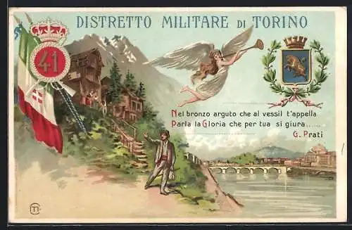 Lithographie Torino, 41. Distretto Militare, Engel m. Trompete über Mann