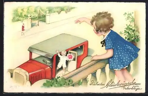Künstler-AK Fritz Baumgarten: Mädchen winkt Jungen mit Blumen am Auto, Geburtstagsgruss
