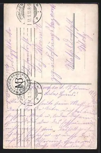 Künstler-AK München, Frau in Tracht schreibt eine Postkarte, Gruss v. Mathäser