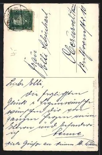 Künstler-AK Fritz Baumgarten: Mädchen mit Buch und Blumenstrauss auf einer sonnigen Strasse, Namenstag