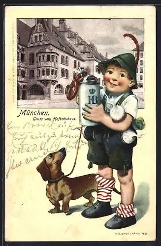 Präge-AK München, Hofbräuhaus, Passepartout mit Dackel und kleinem Jungen in Lederhosen