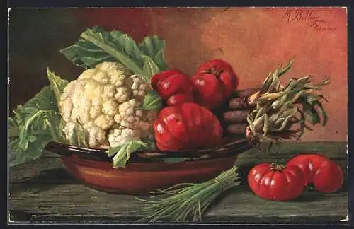 Künstler-AK M. Billing: Blumenkohl mit Tomaten und Schwarzwurzeln