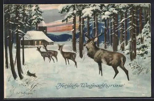 Künstler-AK Ad. Hoffmann: Hirsch und Rehe abends vor Kirche im Schnee, Weihnachtsgruss