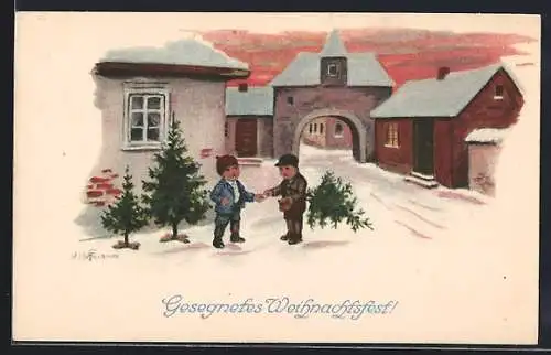 Künstler-AK Ad. Hoffmann: Mann kauft Weihnachtsbaum auf der Strasse im Winter, Weihnachtsgruss