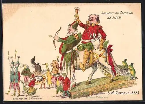 Künstler-Lithographie Nice / Nizza, Carnaval XXXI, Escorte de Carnaval, Karnevalsumzug