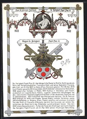 AK 10 jährig. Jubiläum Papst Pius XI. 1922-1932, Wappen des Papstes