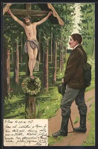 Künstler-AK Alfred Mailick: Jäger vor einem Flurkreuz