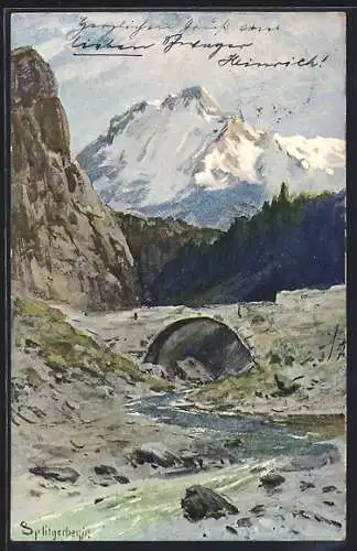 Künstler-AK Splitgerber: Bergfluss mit steinerner Brücke, Gebirgslandschaft