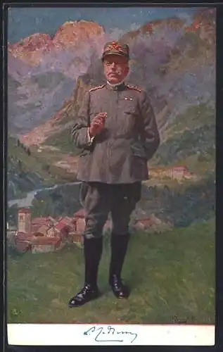 Künstler-AK General Luigi Cadorna, italienischer Heerführer, vor einer Ortschaft