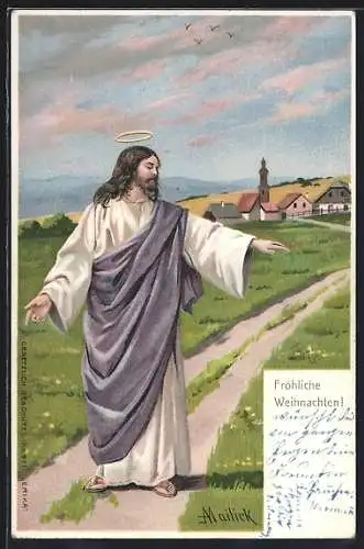 Künstler-AK Alfred Mailick: Jesus Christus mit Heiligenschein auf einem Feldweg