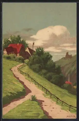 Künstler-AK Alfred Mailick: Landschaftpanorama mit kleiner Ortschaft