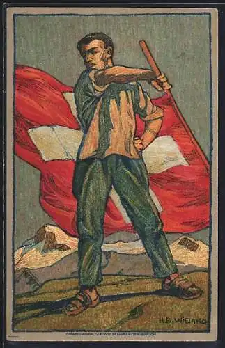 Künstler-AK Schweizer Bundesfeier 1912, Mann mit Flagge im Gebirge