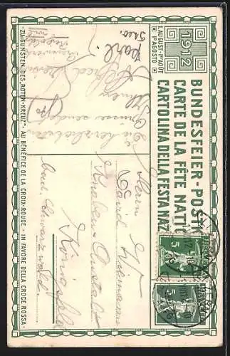Künstler-AK Schweizer Bundesfeier 1912, Mann mit Flagge im Gebirge