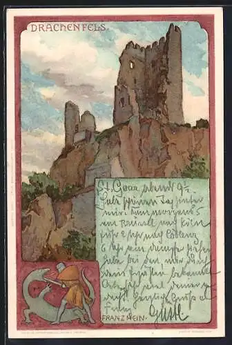 Künstler-Lithographie Franz Hein: Drachenfels, Burgruine