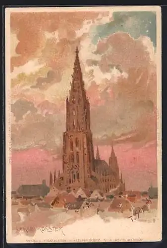Künstler-Lithographie P.Schmohl: Ulm, Ortspartie am Münster