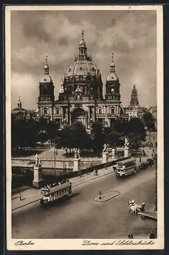 AK Berlin, Dom und Schlossbrücke mit Kutschen und Bussen