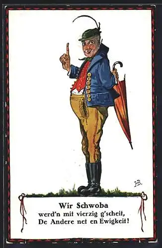 Künstler-AK Hans Boettcher: Mann mit Regenschirm und grünem Hut