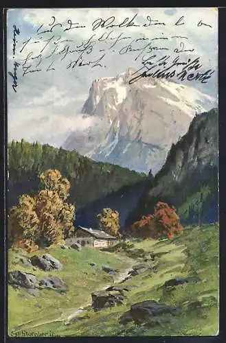 Künstler-AK August Splitgerber: Alpenpanorama mit Hütte