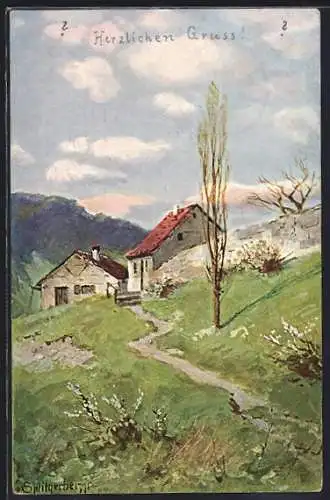 Künstler-AK Splitgerber: Bauerngehöft in idyllischer Landschaft