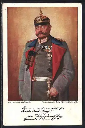 AK Portrait von Generalfeldmarschall Paul von Hindenburg in Uniform m. Eisernen Kreuz u. Pickelhaube