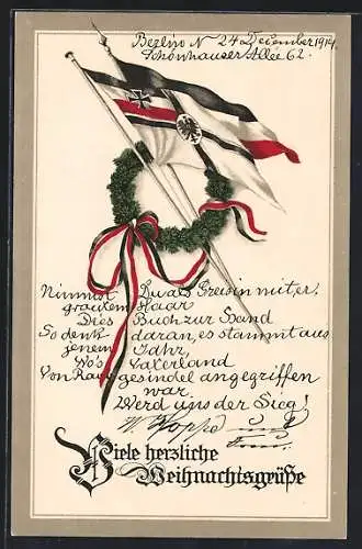 AK Reichsfahne und Reichskriegsfahne im Kranz, Weihnachtsgruss