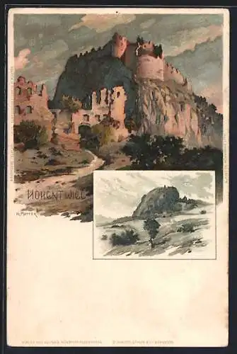 Künstler-Lithographie Karl Mutter: Hohentwiel, Ruinen, Landschaft