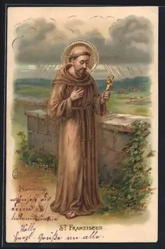 Präge-Lithographie St. Franziskus mit Kruzifix bei Regen, Namenstagsgruss