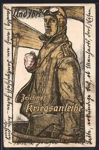 Künstler-AK Und ihr? Zeichnet Kriegsanleihe, Flugzeug-Beobachter