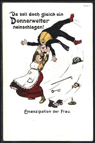 Künstler-AK Bruno Bürger & Ottillie Nr. 6947: Emanzipation der Frau, Frau wirbelt ihren Gatten durch die Luft