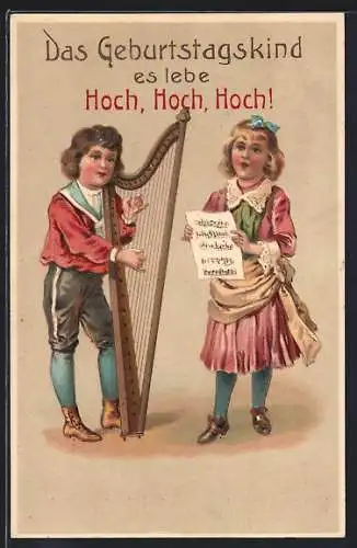 Künstler-AK Knabe mit Harfe und kleine Sängerin, Geburtstagsgruss