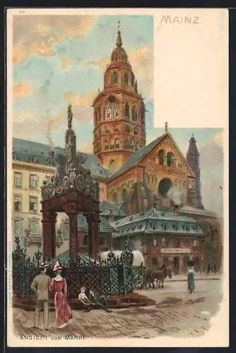 Lithographie Mainz, Passanten auf dem Markt, Blick zum Dom
