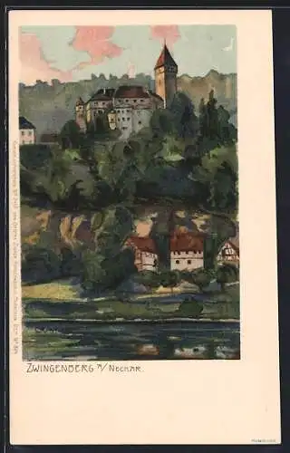 Künstler-AK Gottfried Graf: Zwingenberg a. Neckar, Blick zur Burg