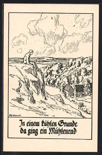 Künstler-AK Otto Ubbelohde: Deutsche Volkslieder, In einem kühlen Grunde da ging ein Mühlenrad