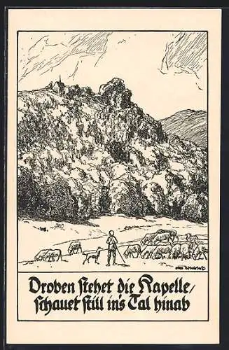 Künstler-AK Otto Ubbelohde: Deutsche Volkslieder Droben stehet die Kapelle, schauet still ins Tal hinab