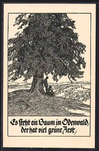 Künstler-AK Ubbelohde: Paar unter einem Laubbaum im Odenwald, Spruch