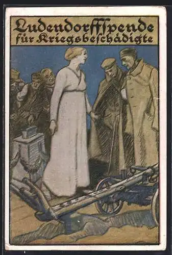 AK Ludendorffspende für Kriegsbeschädigte, Frau mit Pflug und Soldaten, Kriegshilfe