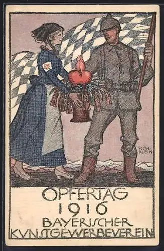 Künstler-AK Richard Klein: Rotkreuzschwester und Soldat, Opfertag 1916, Bayerischer Kunstgewerbeverein