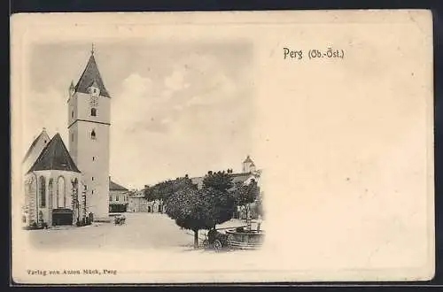 AK Perg, Kirche mit Strassenpartie