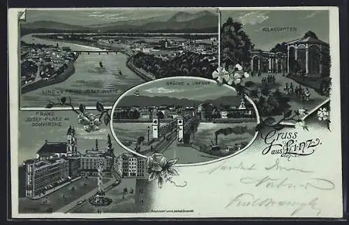 Lithographie Linz, Volksgarten, Franz Josef-Platz mit Domkirche, Brücke und Urfahr