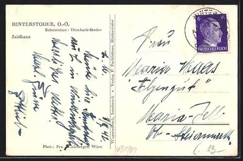 AK Hinterstoder, Gasthaus Jaidhaus, Frau mit Kind und Hund