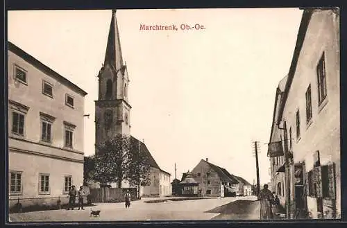 AK Marchtrenk, Strassenpartie mit Geschäft und Kirche