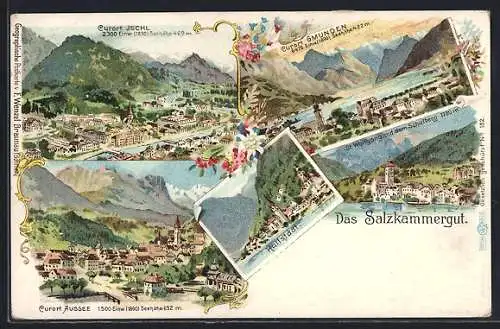 Lithographie Hallstatt, Salzkammergut mit Ansichten von Ischl, Gmunden, Aussee und Hallstatt, Edelweiss