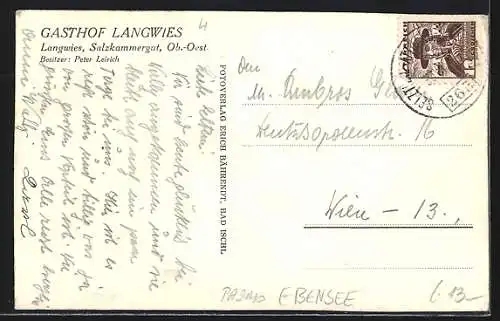 AK Ebensee /Salzkammergut, Gasthof Langwies, Bes. Peter Leirich