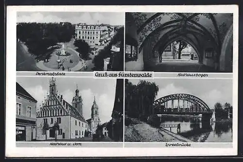 AK Fürstenwalde / Spree, Rathaus und Dom, Denkmalplatz und Spreebrücke