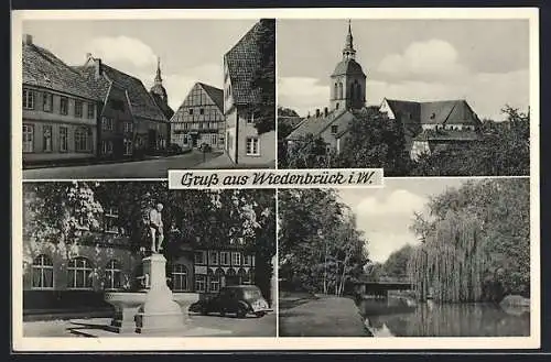 AK Wiedenbrück i. W., Strassenpartie, Kirche, Brunnen und Flusspartie